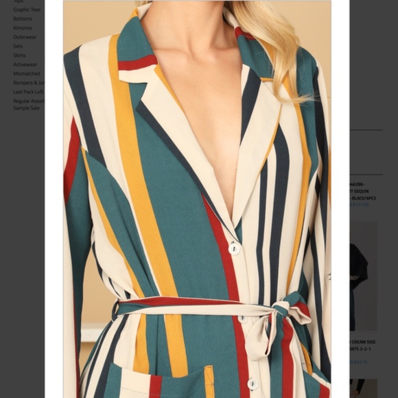 NWT Women's 2pc Stripe Collared Button Down Tie Waist Wide Leg Matching Suit - Picture 3 of 3